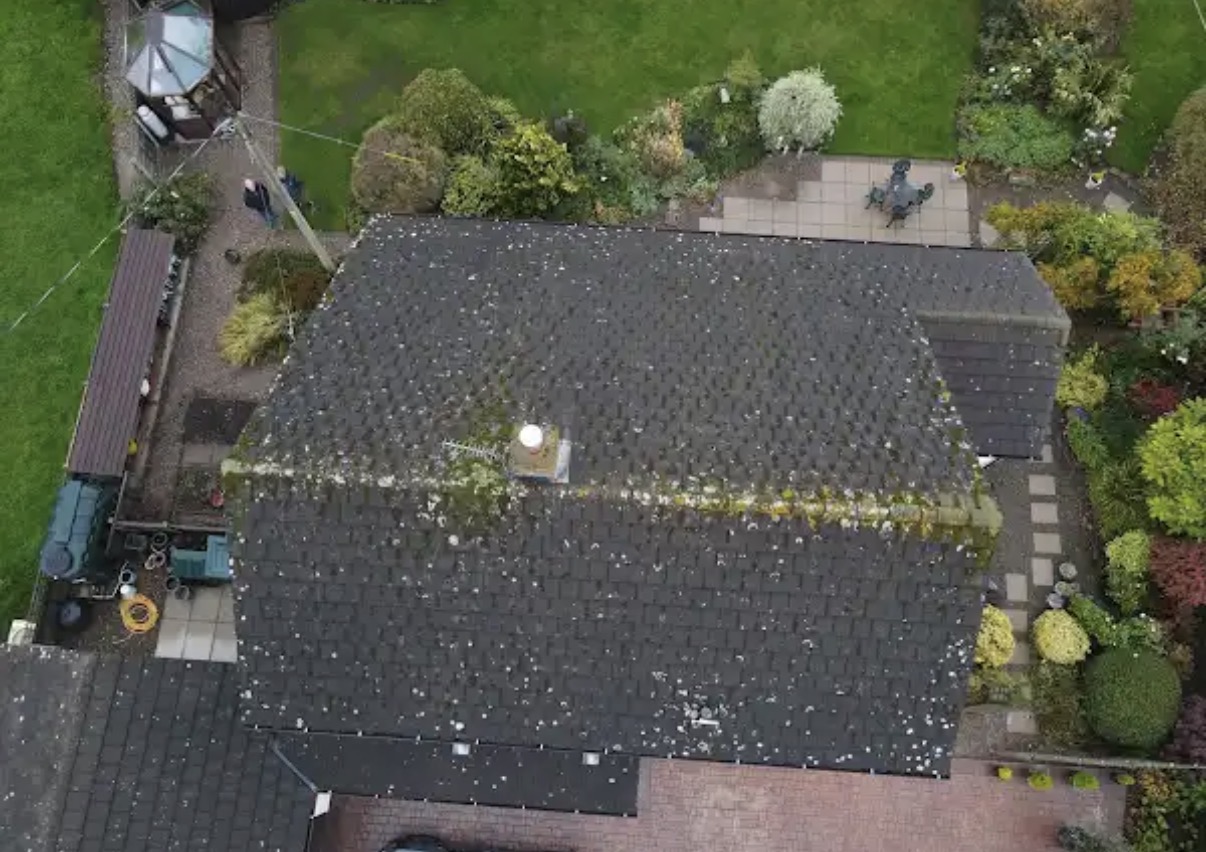 Aerial view of moss and organic growth on a residential roof before cleaning