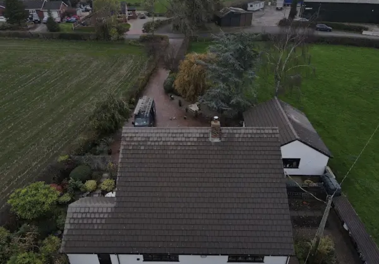 Front aerial view of roof tiles after professional washing